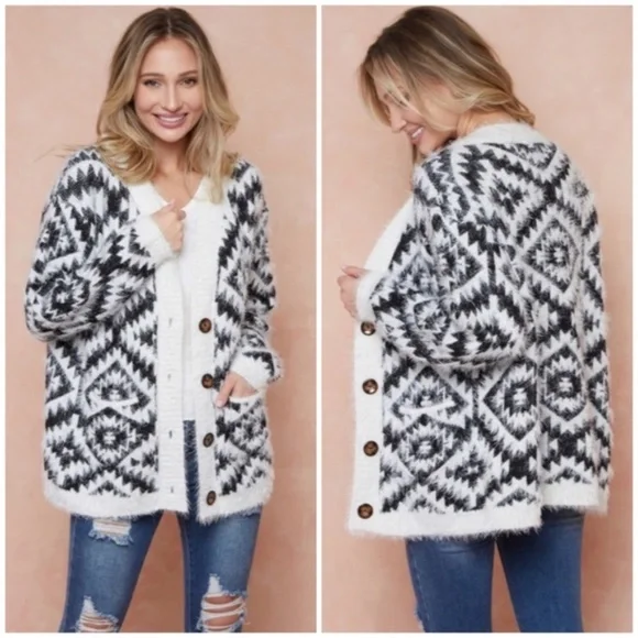 SOLD OUT Ivory & Black Fuzzy Soft Eyelash Aztec Tribal Button Up Knit Cardigan - Picture 1 of 9